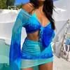 OMSJ Fashion Tie Dye Party Club Sexy Skirt Set Long Sleeve Lace Up Crop Top And Bandage Mini Womens Mesh Suits Summer 210517