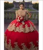 Gold Applique Red Vestidos De 15 Anos Quinceanera Dresses 2021 Cold Shoulder Crystal Beaded Lace Layers Princess Ball Gowns Prom Sweet 16