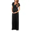 Mulher sólida v-pescoço manga curta elasticidade grávida maternidade enfermagem longo vestido de maternidade q0713