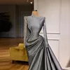 2022 Mermaid Grey Saudyjska arabskie Długie Rękawy Suknie Wieczorowe Nosić Major Frezowanie Cekiny Taffeta Prom Dress Vestidos de Fiesta Formalne Suknie Party EE