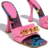 Chinelos de verão elegante mulheres moda cadeia de metal decoração de saltos altos sandálias mules mules bombas quadrado toe senhoras sapatos 2021