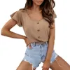 Women Thin Rib Knit White T Shirt Button Ruffle Short Sleeve Pullover Tops Summer Solid Casual O Neck Slim Female Tee Shirt 210507