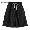 Yitimuceng Vintage Damska Wysoka Talii List Drukuj Szorty Luźne Casual Streetwear Plus Size Black Gray Fashion Lato 210601