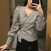 Women Long Full Sleeve V Neck Office Lady Gray Plaid Top Blouse Wrap Shirt B0248 210514