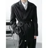 IEFB / Мужская носить повязку талии, зубчатый воротник черный большой размер костюма пальто весна мода свободная уличная одежда Blazers 9Y4023 210524