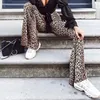 Kvinnorbyxor Capris Leopard Flare Kvinnor Höst Vinter Tjock Varm Hög Midja Byxor Elastisk Slim Street Hipster Sexig Bellbottoms Casual