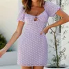 Summer French Bow Tie Skirt Puff Sleeves Star Print High Waist Dress Short Zipper Hollow Out Female Chic 210514