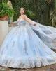 Glänzende hellhimmelblaue Quinceanera-Kleider mit langem Wickel-Perlen-Spitze-Ballkleid, Prinzessin-Bonbon-16-Kleid, herzförmiger Abschlussball, Vestidos de 15 Anos 2022