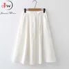 Women Summer White Cotton Skirt Saia Casual Solid High Waist A-Line Elegant Chic Office Ladies Midi Skirts Faldas Jupe 210621