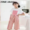 Summer Teenage Girl 2 piece Sets White Shirt + red Striped Pants Kids Clothes Girls E2053 210610