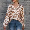 Camisas femininas femininas 2022 Mulheres Tops e blusa de gola em V Impressão de leopardo de leopardo Longo Femier Femme Nouvelle