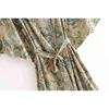 Autumn Boho Style Loose Vintage Print V Neck Lace-Up Flared Sleeve Kimono Long Dress Female Fashion 210508