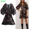 Printemps noir fleur imprimer Mini robes pour femmes Vintage nœud ceinture fête femme large manches bouffantes élégant Club 210430