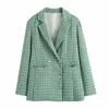 Kadın Vintage Ekose Kruvaze Tüvit Blazers Ceket Kadınlar Zarif Ofis Bayanlar Uzun Kollu Kadın Giyim Blaser 210930