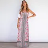 Vintage blommiga maxi klänningar kvinnor sommar stor storlek sexig spaghetti band ärmlös tryck rak bohemisk klänning femme 210522
