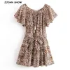 Bohemia Lacing up V neck Khaki Leopard Dress Ethnic Woman Tassel Tie bow Sashes Flare Short Sleeve Dresses Holiday Beach 210429