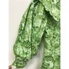 Deat女性の緑の印刷Aラインのオフィスの女性のドレス新しいターンダウンカラーハーフスリーブルーズフィットファッション潮夏7E0191 210428