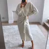 Foryunshes Kobiety Dzianiny Długie Wrap Dress 2020 Jesień Zimowa Oversize Eleganckie Suknie Home Sexy V-Neck Knit Robe Damskie Odzież X0521