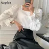 Корейская винтажная работа стиль OL блузка женщины элегантные выдолбленные дизайн цветок blusas квадратный воротник фонарь с длинным рукавом рубашка 210422