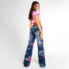 Moda Carta Patrón Jeans Mujer Azul Vintage Streetwear Pantalones de mezclilla Pantalones de pierna ancha Señora Casual Denim Pantalones acampanados 211111