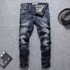 Italian Style Fashion Men Jeans Distred Dark Blue Spliced Designer Ripped Slim Fit Vintage Retro Denim Punk Pants