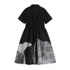 Moda Düzensiz Gevşek Gömlek Elbise Kadın Kısa Kollu Yaz Yüksek Bel Vintage Robe Baskı Siyah Uzun Kadın 210515