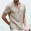 メンズ亜麻リネンTシャツカジュアルVネックボタンダウンTシャツスリムフィットコットン半袖基本トップ210706