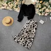 Sonbahar Vintage kadın İki Parçalı Set Seksi V Yaka Beyaz / Siyah Kısa Üstleri Ve Yüksek Bel Baskı Etek Kadın 2 adet Suit 211106