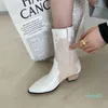 Stövlar Pekade Toe Mixed Colors Patchwork Cowboy Western Women Slip på Mid-Calf Wood Heel Brand Design