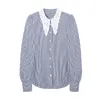 BLSQR 패션 할로우 밖으로 옷깃 느슨한 블라우스 여성 빈티지 긴 소매 Button-Up 여성 셔츠 Blusas Chic Stripe Tops 210430