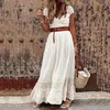 Casual Sukienki Lato Kobiety Sukienka Krótki Rękaw Duży Hem V Neck Solid Color High Waist Belt Maxi Sundress Cocktail Party Classic