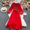 Linne Drwoman Broderi Långärmad Drelegant Etniska Boho Bohemian White Clothes Beach Dresses for Women Party 2021 Red X0529