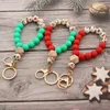 Mode Ny Silikon Trästrängar Pärlor Key Ring Armband Wriste Keychain Julfestival Mönster Beaded Bangle Holiday Smycken Tillbehör