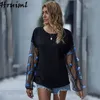 Blouse Women Lantern Sleeve Butterfly Mesh Patchwork Round Neck Tops For Loose Causal Shirt Office Top Mujer 210513