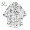 Summer Streetwear Vintage Blouse Women Hand-Pinted Printed Short Sleeve Fashion Turn-Down Collar Causal Oversized Shirt 210515