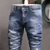 Italiano estilo moda homens jeans de alta qualidade algodão elástico magro encaixe rasgado para desenhista vintage calças denim hombre vk70