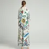 2021 İlkbahar / Yaz Yüksek Kalite Jakarlı Elbise Milan Moda Show Standı Yaka Yarım Kollu Uzun Etek Trendy Baskı Aynı Günlük Elbise