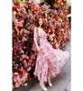 Pembe Çiçek Baskı Elbise kadın Seksi Kapalı Omuz Yüksek Bel Ruffles Yaz Moda Pist ResortDresses Vestidos 210421