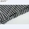 Zevity Women Vintage Houndstooth Plaid Print Pleated Mini Dress Chic Lyx Lantern Sleeve Side Zipper Slim Vestido DS4780 210603