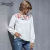 White Cotton Linen Embroidery Top Blouse Women Autumn Lace up Round Neck Long Sleeve Casual Tops And Blouses 210510