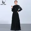 LD Linda della Moda Pist Maxi Dresse'nin Uzun Kollu Dantel Patchwork Ruffles Vintage Siyah Elbise Zarif Parti Elbise 220311