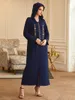 Etnik Giyim Müslüman Koyu Mavi Kapüşonlu Rhinestones Rahat Uzun Kollu Elbise Kadın Ramazan Robe Marocaine Jilbeb Djellaba Femme Pakistan