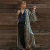 100% bomullsblå retro tryckt långärmad självbälte plus storlek Bohemian kimono tunika kvinnor toppar och blusar skjortor q1228 210326