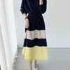 Färgblockerad Koreansk Elegant Kvinnor Lång Klänning Höst Full Sleeve O-Neck A-Line Pläterade Klänningar Casual Fashion Ladies Vestid 210513
