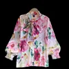 Spring Autumn Flower Printing Loose Blouse Women Ruffled Bow Tie Stand Collar Puff Sleeve All-match Shirt Female Tops UK985 210721