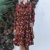 Herbst Druck Kleid Frauen Sommer Mode Casual Floral Bogen Elastische Midi Chiffon-kleid elegante Vintage 210508