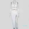 Biały Bandaż Plised Seksowny Dwuczęściowy Zestaw Głębokie V Crop Top I Split Midi Spódnice Lato 2 sztuki Zestaw Kobiety