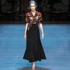 Designer Summer Skirt Suit Woman V-Neck Floral Print Slim Shirt and Black High Waist Long Skirts Two Piece Set 210524