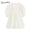 Yitimuceng Floral Dresses Women Zipper Sundress Summer White Korean Fashion High Waist A-Line Puff Sleeve Mini Dress 210601