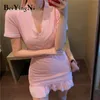 Women's Sets Solid Color Slim Elegant Sexy Club Party 2 Piece Set Women Short Sleeve Crop Top Mini Skirt Pink Casual 210506